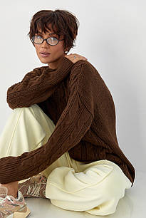 Вільна в'язана кофта в косички - коричневий цвет, ONE SIZE (є розміри)