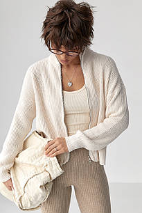 Однотонний в'язаний кардиган із коміром-стійкою - молочний цвет, ONE SIZE (є розміри)