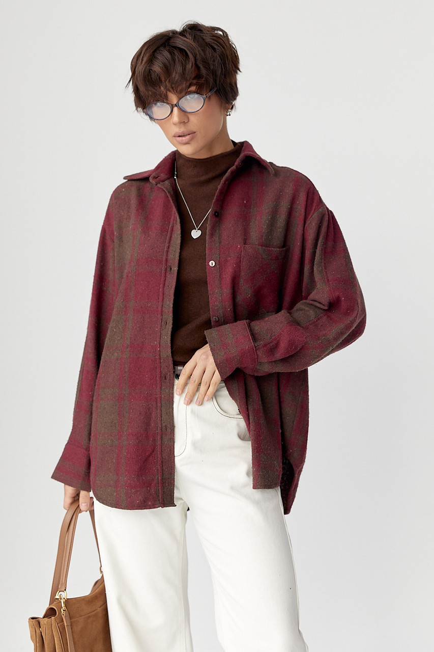 Тепла сорочка в клітинку з накладною кишенею - бордо цвет, M (є розміри), фото 1