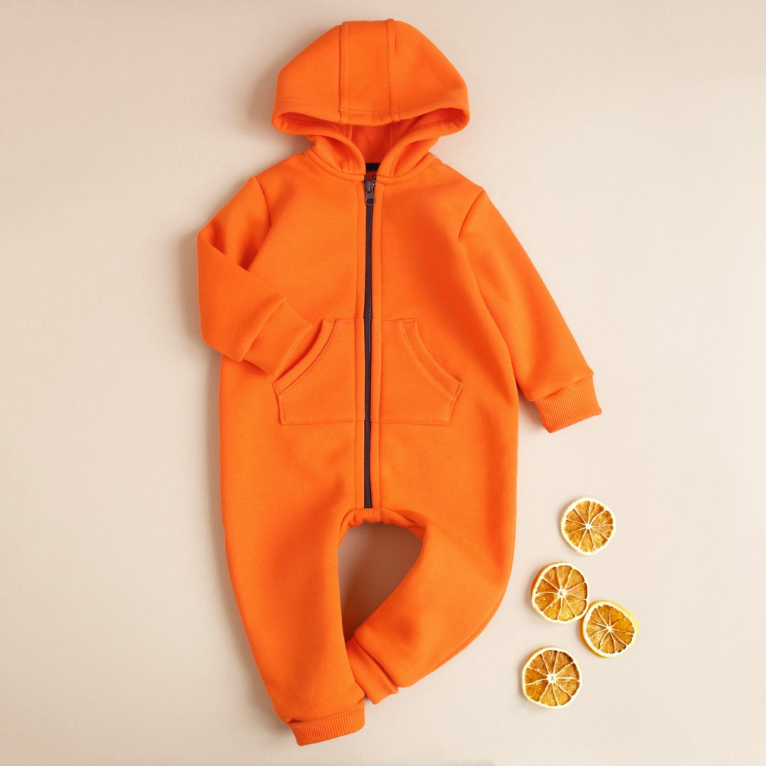 Осінній дитячий ромпер помаранчевий теплий комбінезон з капюшоном тринитка начіс розмір 62 68 74 80 92