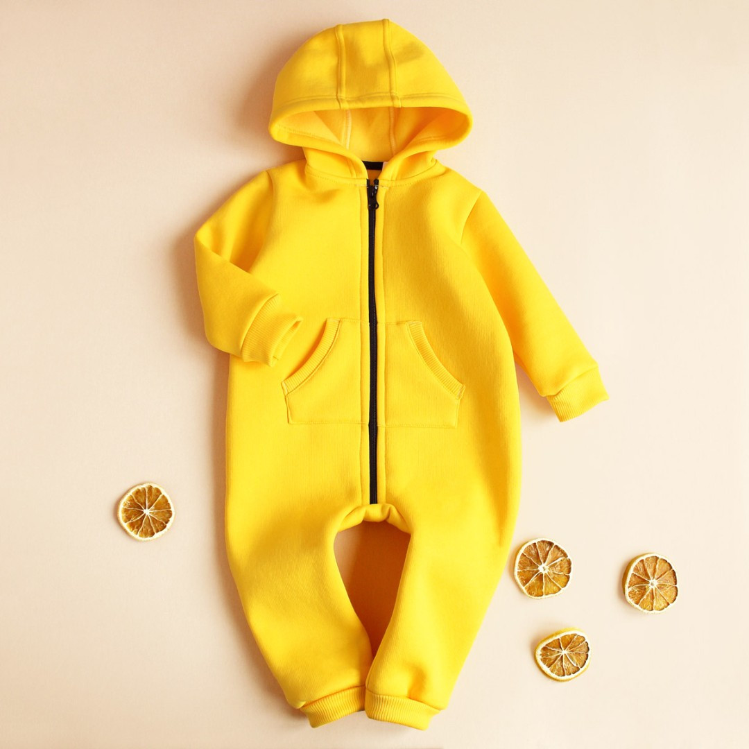 Подарунковий дитячий комбінезон жовтий теплий ромпер унісекс з капюшоном тринитка начіс розмір 62 68 74 80 92