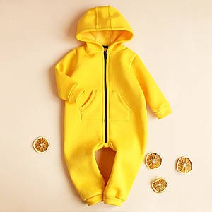 Подарунковий дитячий комбінезон жовтий теплий ромпер унісекс з капюшоном тринитка начіс розмір 62 68 74 80 92