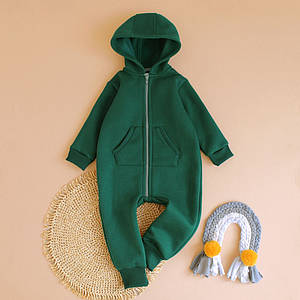 Дитячий зелений ромпер унісекс теплий комбінезон з капюшоном тринитка начіс, 62 0-3 міс