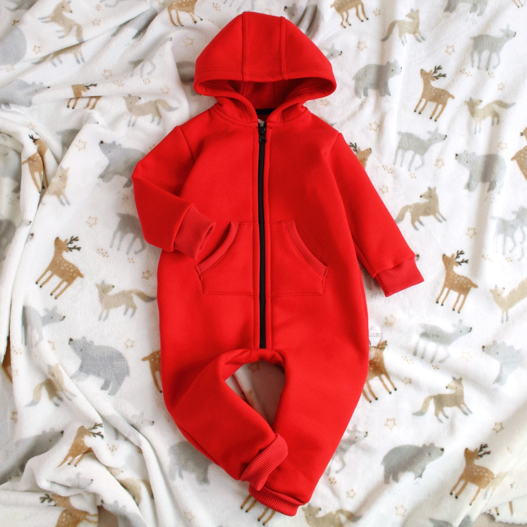 Стильний дитячий ромпер червоний теплий комбінезон тринитка з начосом зручний з капюшоном 62 68 74 80 92