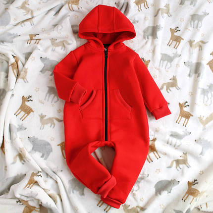 Стильний дитячий ромпер червоний теплий комбінезон тринитка з начосом зручний з капюшоном 62 68 74 80 92, фото 1