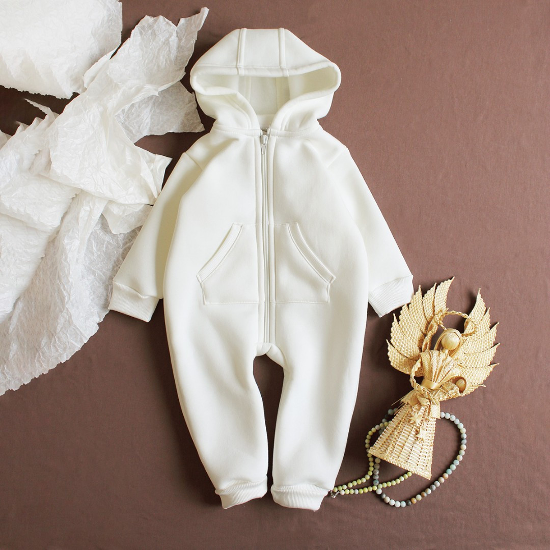 Дитячий комбінезон молочний теплий для виписки з роддому ромпер з капюшоном тринитка начіс 62 68
