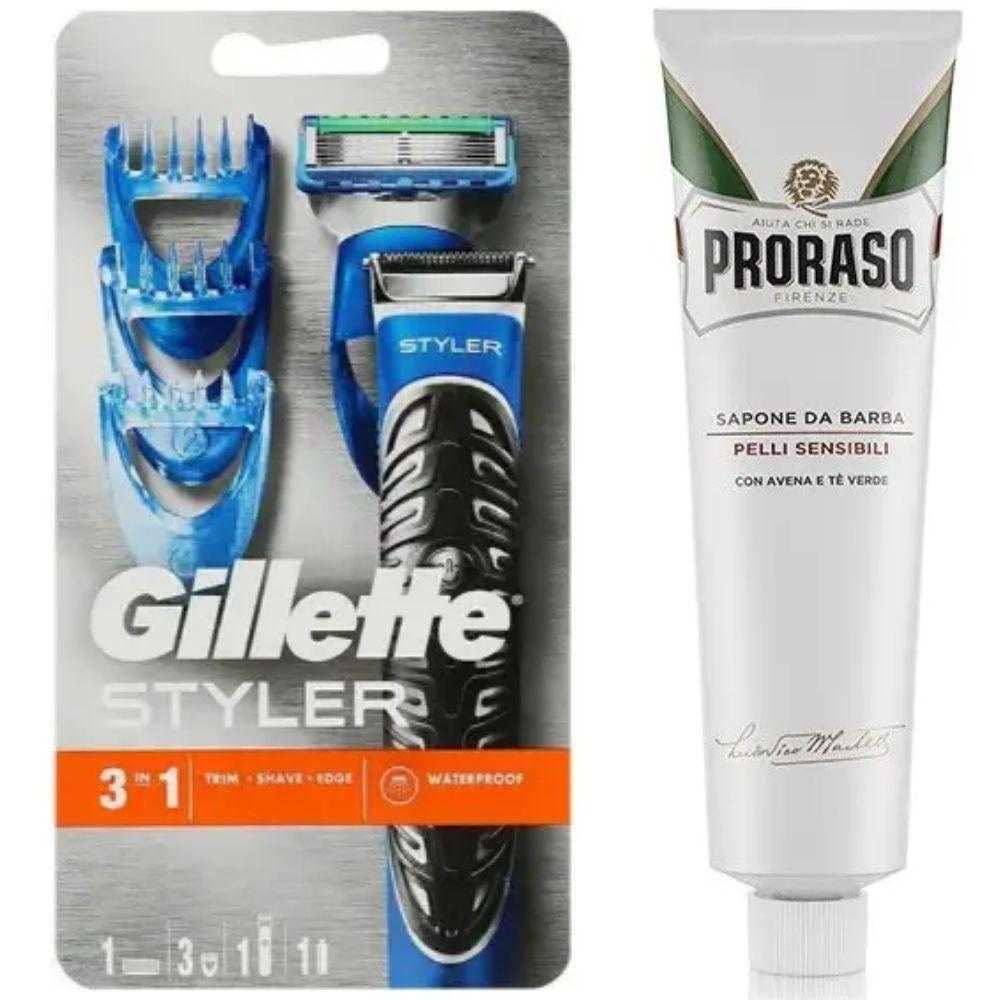 Подарунковий набір Gillette Fusion ProGlide Styler (1 касета + 3 насадки) + крем для гоління Proraso для чутливої шкіри, фото 1