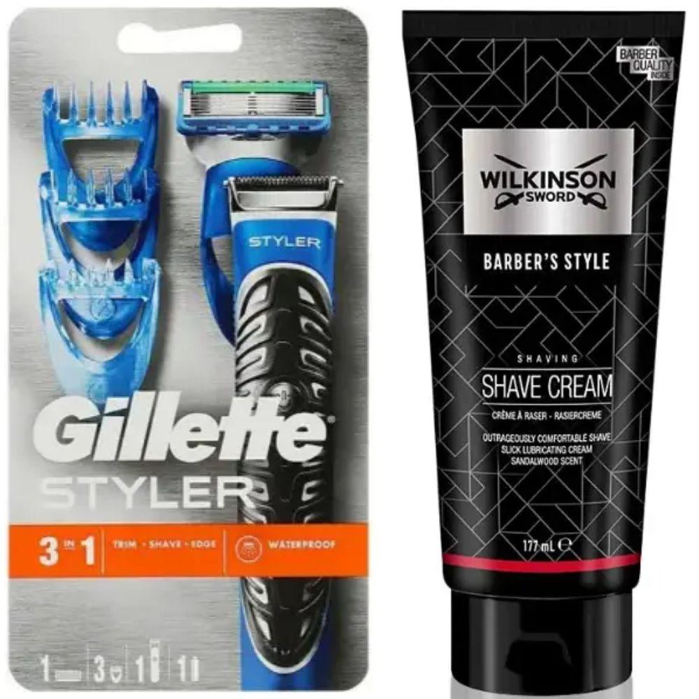Подарунковий набір Gillette Fusion ProGlide Styler (1 касета + 3 насадки) + крем для гоління Wilkinson Sword Barber's Style Cream, фото 1