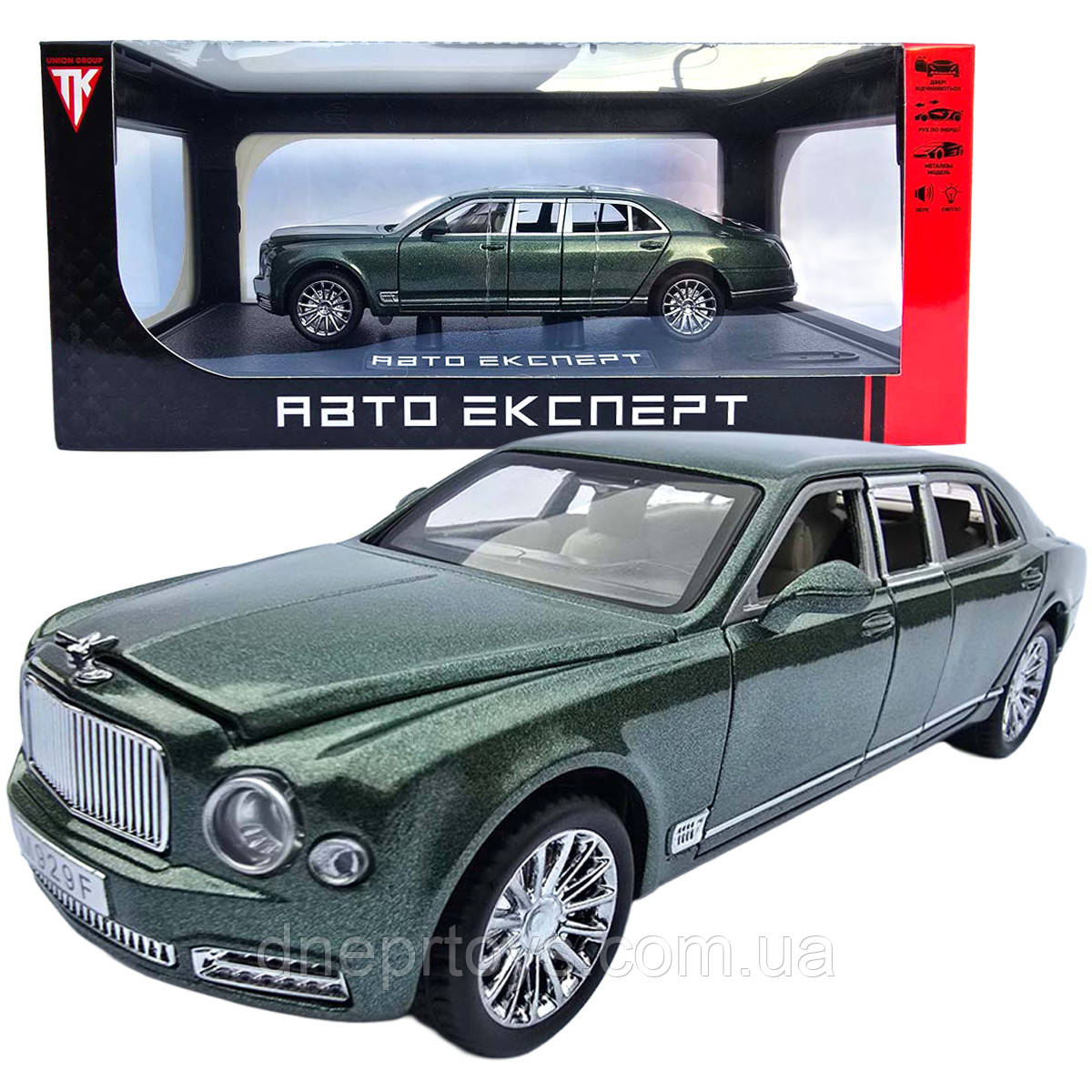 Машинка матал Bentley Mulsanne зелена Бентлі Мульсан лімузин 1:24 звук світло 20*5,5*5см (RS-52405), фото 1