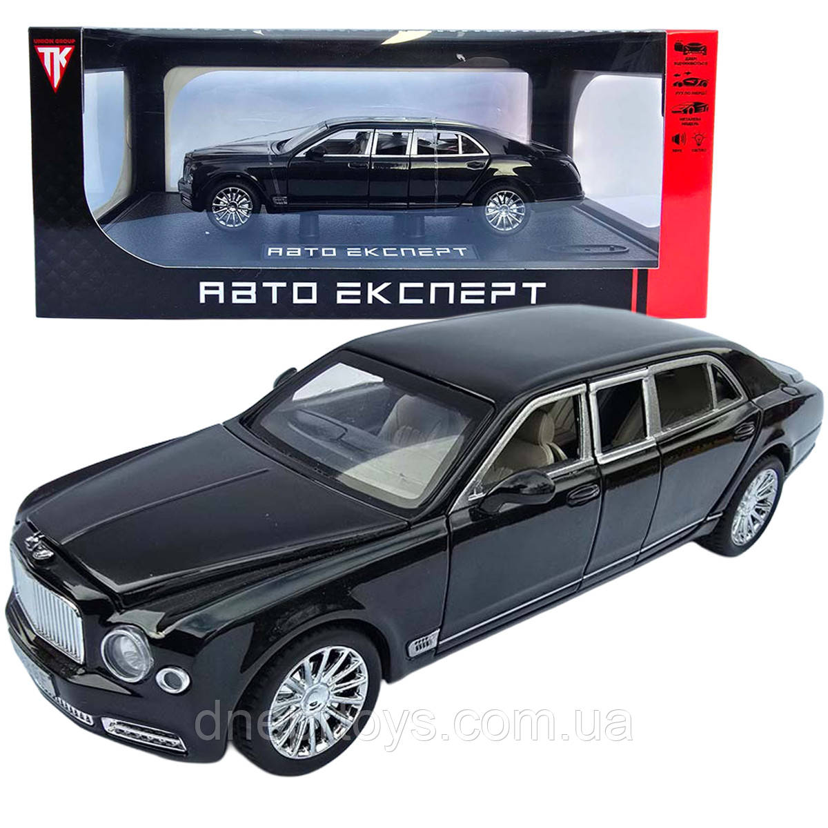 Машинка матал Bentley Mulsanne чорна Бентлі Мульсан лімузин 1:24 звук світло 20*5,5*5см (RS-52405), фото 1