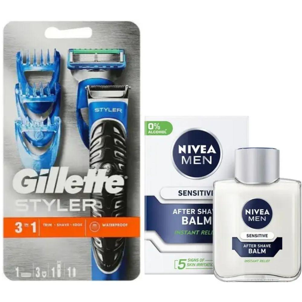 Подарунковий набір Gillette Fusion ProGlide Styler (1 касета ProGlidePower + 3 насадки) + бальзам після гоління NiveaMen Sensitive, фото 1
