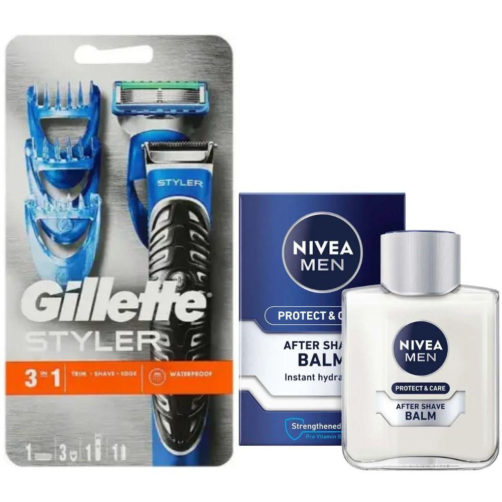 Подарунковий набір Gillette Fusion ProGlide Styler (1 касета + 3 насадки) + бальзам після гоління Nivea Men Protect & Care 100 мл, фото 1