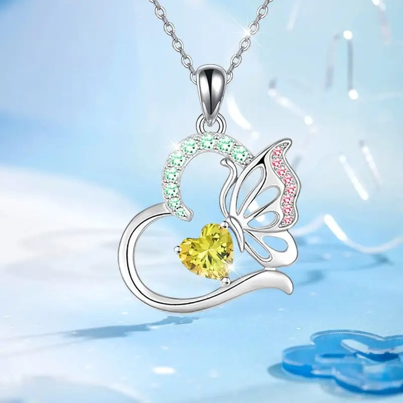 Ланцюжок з кулоном сріблястий серце з метеликом та жовтим фіанітом серце 2.5 45+5 см OrnatusDivinus719, фото 1
