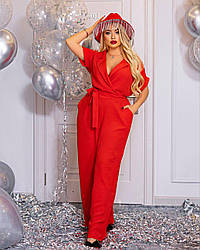 Стильний жіночий літній комбінезон із жатки з запахом на грудях, батал великі розміри