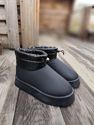 Уги BLACK UGG Чорні екошкіра короткі з дутим манжетом на високій підошві черевики теплі, фото 1