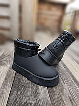 Уги BLACK UGG Чорні екошкіра короткі з дутим манжетом на високій підошві черевики теплі, фото 2