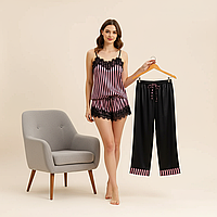 Шовковий комплект трійка в смужку — майка + шорти + штани.