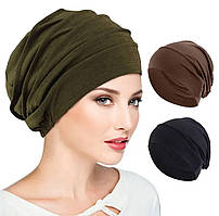 Комплект жіночих шапочок 3 шт Haki, коричнева, чорна – м’які еластичні шапки з поліестеру, обхват голови 50–60 см