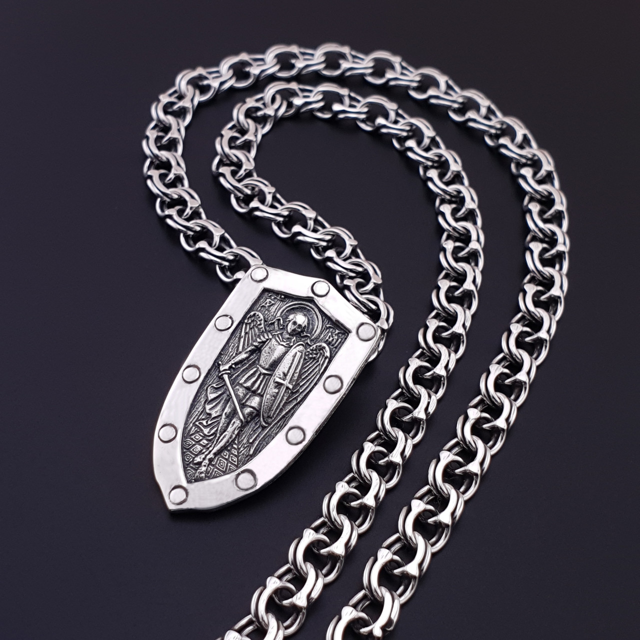 Срібна цепочка чоловіча з іконкою Архангел Михаїл на щиті. Підвіска ладанка Янгол охоронець і чоловічий ланцюжок. 55 см, фото 1