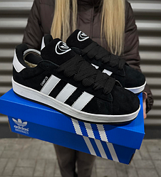Чоловічі зимові косівки Adidas Campus winter ХУТРО взуття Адідас Кампус чорно-білі з хутром замшеві теплі