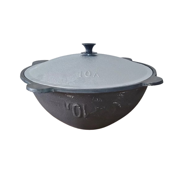 Узбекський казан на 10 л чавунний із плоским дном і алюмінієвою кришкою