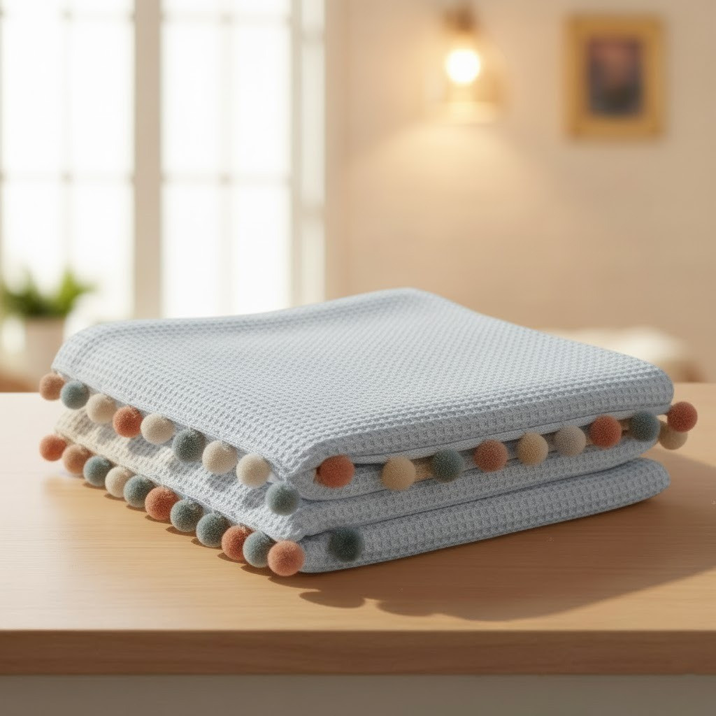 Плед із помпонами бавовняний, 200х220 см, Dantela Blue, Синій / Ковдра з бавовни / Покривало на ліжко, фото 1