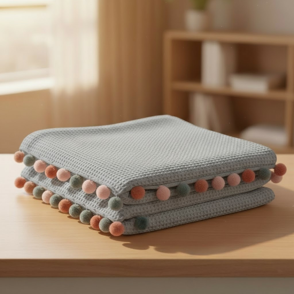 Плед із помпонами бавовняний, 200х220 см, Dantela Gri, Сірий / Ковдра з бавовни / Покривало на ліжко, фото 1