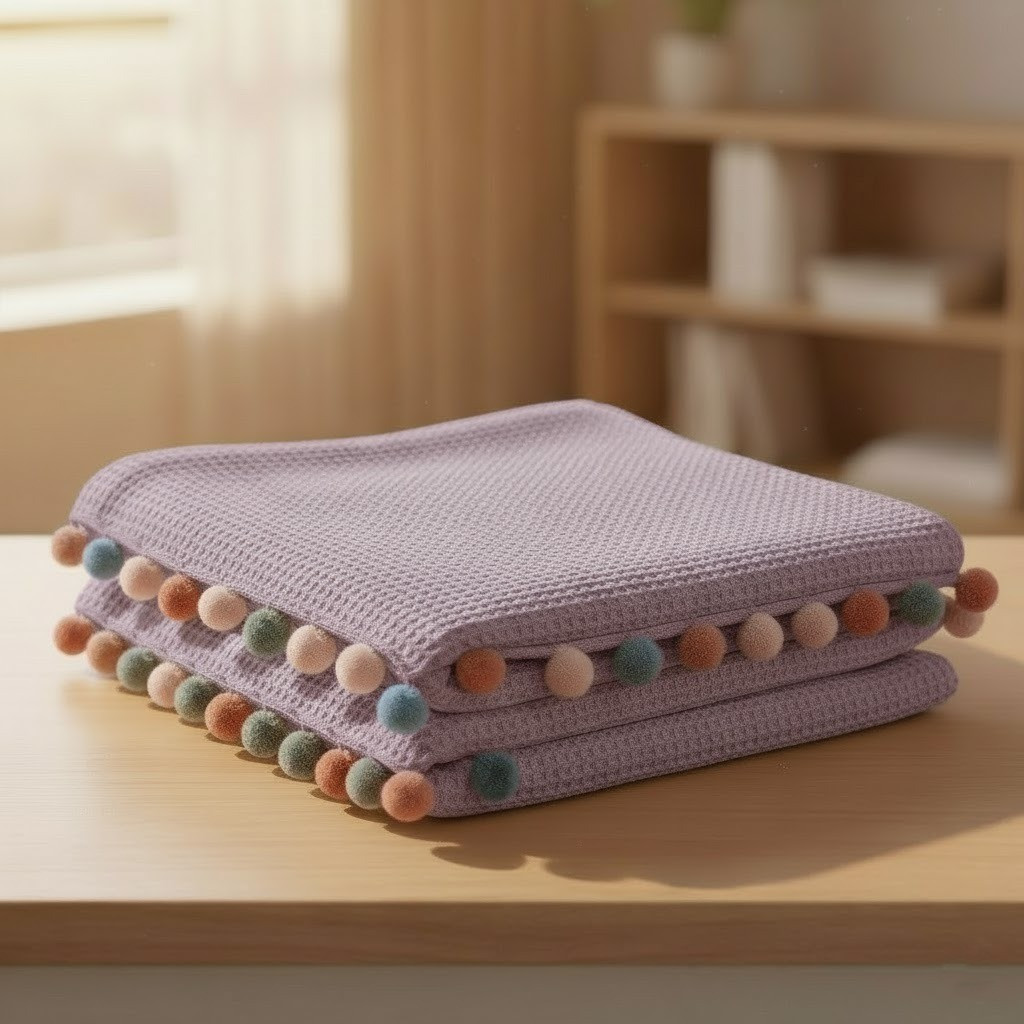 Плед із помпонами бавовняний, 200х220 см, Dantela Murdum, Сливовий / Ковдра з бавовни / Покривало на ліжко, фото 1
