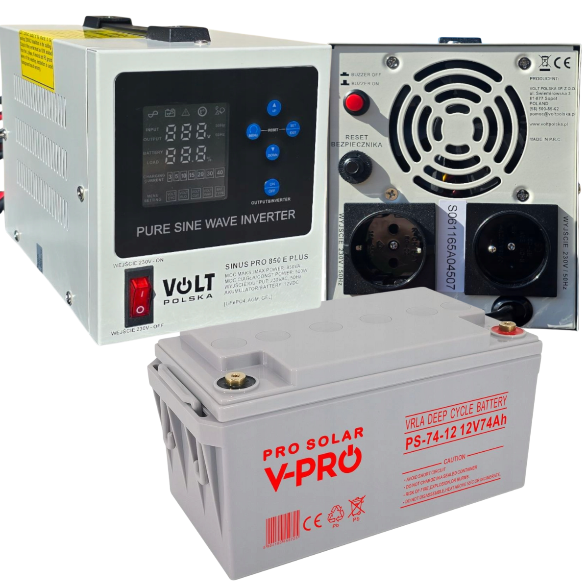 Комплект Volt Polska SINUS PRO 850 E PLUS 12/230V 500/850W + Акумулятор AGM 12V 74 Ah