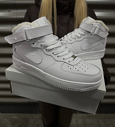 Чоловічі зимові кросівки на хутрі Nike Air Force high White Winter Найк Форс білі високі шкіряні теплі