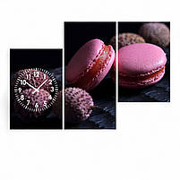 Модульна картина-годинник «Рожеві макарони на темном фоні» Стильний настінний декор для кухні чи кафе 90х60см з 3х частин, фото 2