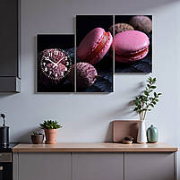 Модульна картина-годинник «Рожеві макарони на темном фоні» Стильний настінний декор для кухні чи кафе 90х60см з 3х частин, фото 3