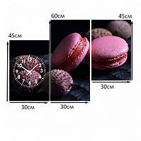 Модульна картина-годинник «Рожеві макарони на темном фоні» Стильний настінний декор для кухні чи кафе 90х60см з 3х частин, фото 5