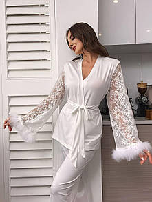 Піжама Мія з ажурними мереживними рукавами та хутром комплект сорочка на запах та штанами білий S