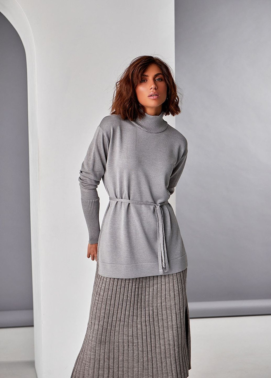 Джемпер жіночий бавовна довгий прямий крій розрізи комір стійка сірий, фото 1