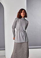 Джемпер жіночий бавовна довгий прямий крій розрізи комір стійка 48/52 сірий