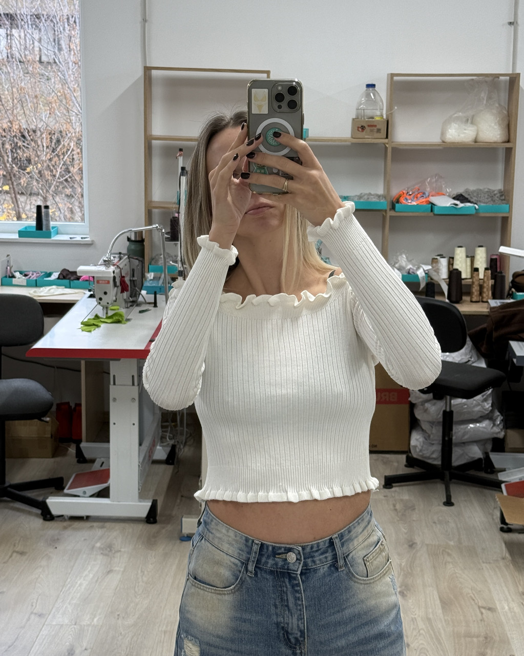 Жіноча молочна кофтина у рубчик, фото 1