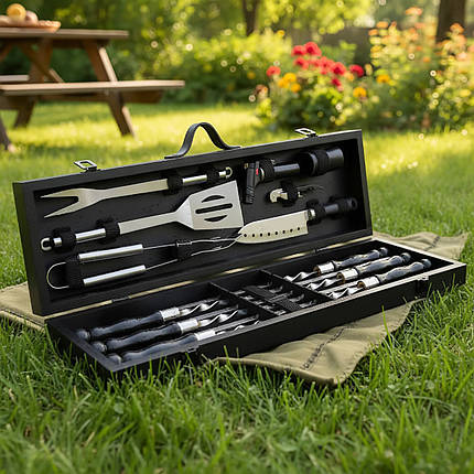 Дерев'яний подарунковий набір для грилю та барбекю з шампурами, фото 1