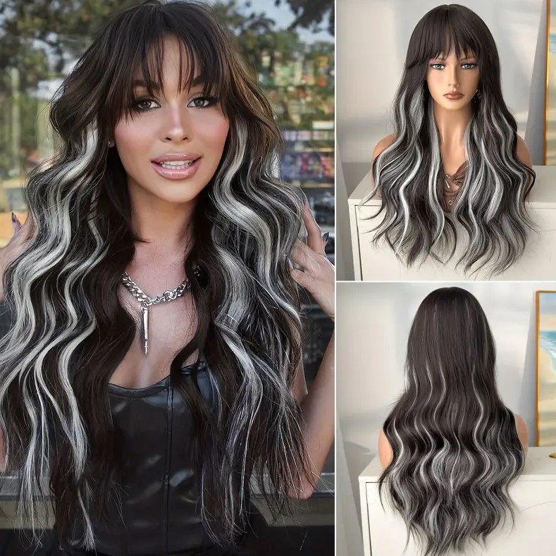 Перука шоколадна з чубчиком та білими пасмами легкі хвилі термоволокно 71 см, фото 1