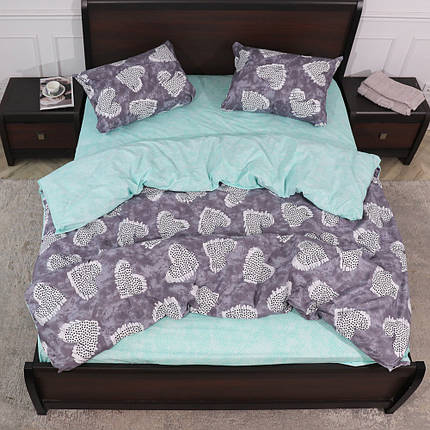 Сірий євро максі комплект постільної білизни для пари із сердечками 200*220 комбінований бавовняний з Бязі Gold, Черешенька, фото 1