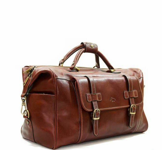 Сумка дорожня шкіряна стильна велика для поїздок з ручками на блискавці Катана коричнева, фото 1