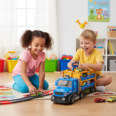 Іграшковий трейлер-автовоз із треком дитяча вантажівка з набором машинок для хлопчика траса 127 см світло звук