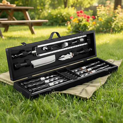 Стильний комплект для шашлику з мангал-рамкою у дерев’яному кейсі, фото 1