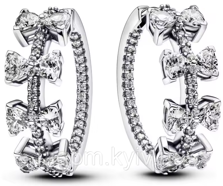 Сережки-хупи в стилі PANDORA 925 проба "Ряд бантиків" кульчики-кільця з прозорими бантиками ПАНДОРА, фото 1