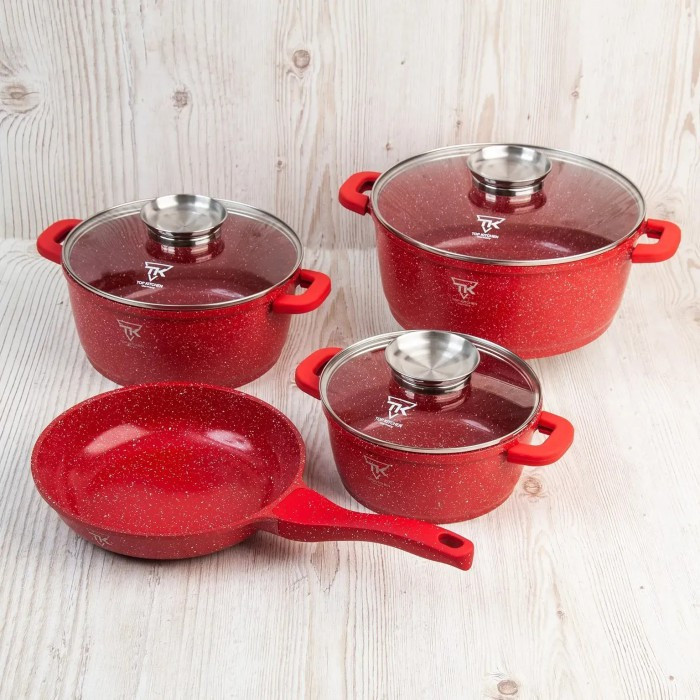 Універсальний набір каструль і сковороди Top Kitchen алюмінієвий посуд із гранітним антипригарним покриттям та скляними кришками
