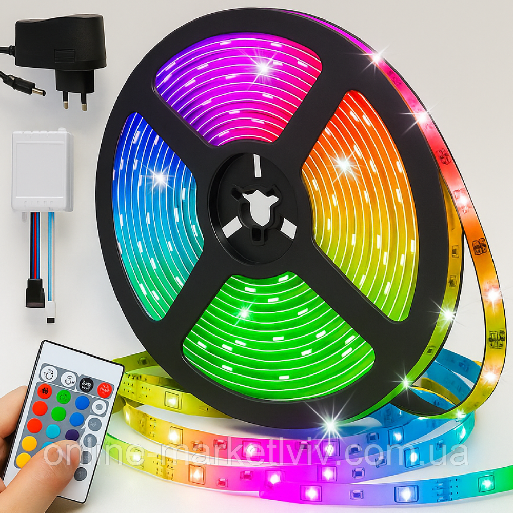 Світлодіодна стрічка 5м 3528, з пультом та блоком, від мережі / Самоклеюча багатобарвна стрічка для стелі, фото 1