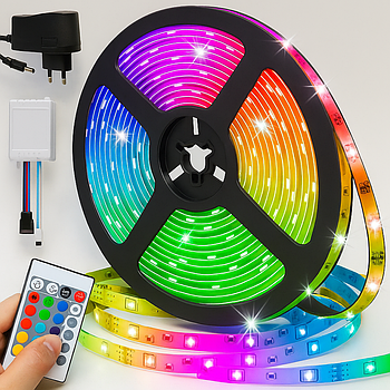 Світлодіодна стрічка 5м 3528, з пультом та блоком, від мережі / Самоклеюча багатобарвна стрічка для стелі