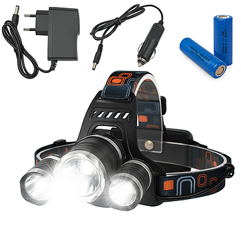 Налобний ліхтар RJ-3000 Т6+2XPE, з 2 акумуляторами / Світлодіодний акумуляторний ліхтарик на голову
