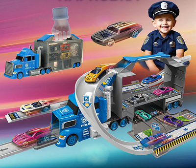 Поліцейський трейлер-автовоз дитяча техніка ігровий набір для хлопчика вантажівка машинки пускач трек знаки