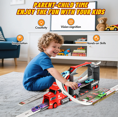 Дитячий трейлер-трек іграшковий автовоз із машинками пожежна машина ігровий набір для хлопчика пускач знаки